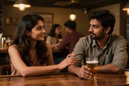 A woman and a man sit at a wooden bar, smiling at each other. The woman touches the man's arm, and he holds a pint of beer. The background shows another couple sitting and talking, with warm lighting and bottles on shelves.