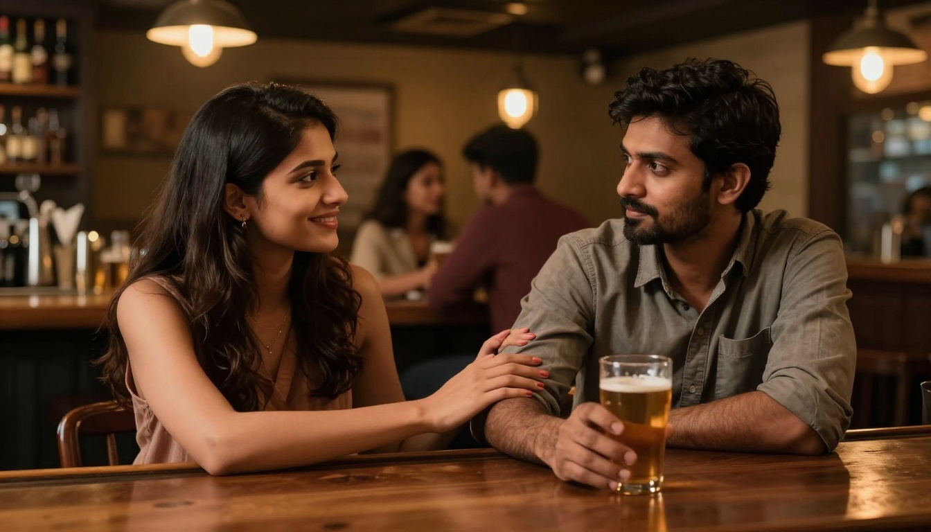 A woman and a man sit at a wooden bar, smiling at each other. The woman touches the man's arm, and he holds a pint of beer. The background shows another couple sitting and talking, with warm lighting and bottles on shelves.