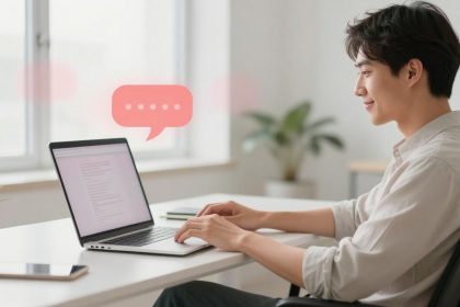 A person in a white shirt types on a laptop at a desk. A red chat bubble icon hovers nearby. A plant and smartphone are on the desk.