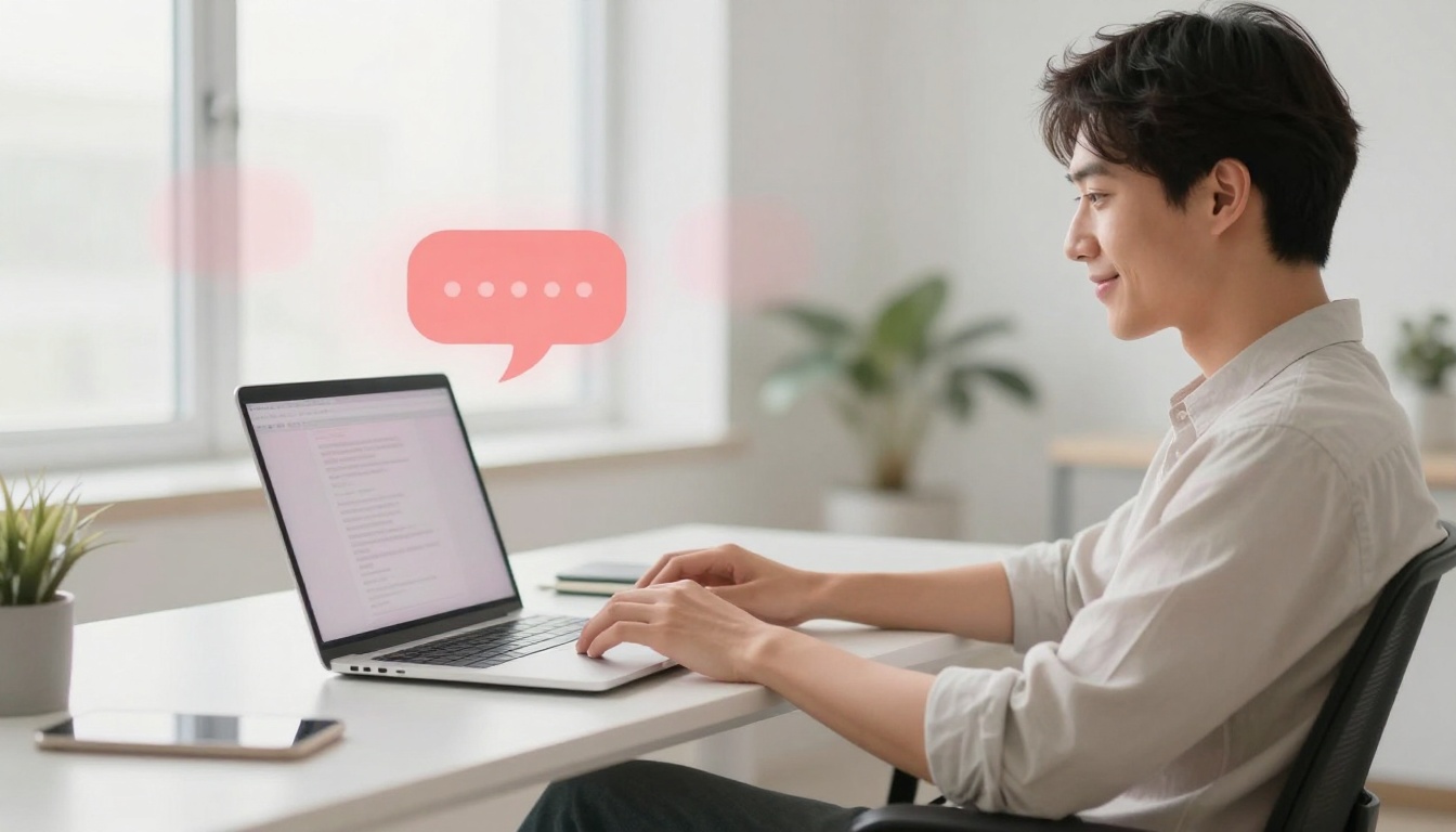 A person in a white shirt types on a laptop at a desk. A red chat bubble icon hovers nearby. A plant and smartphone are on the desk.