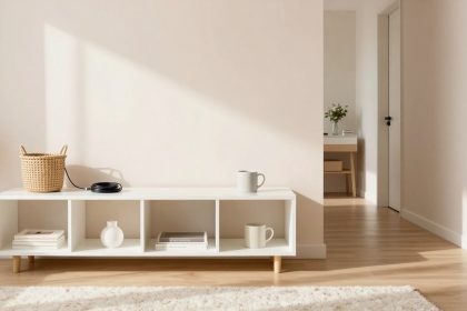 White shelving unit with books, a vase, and a mug on top. A woven basket and coiled cable are also placed on it. A hallway with a table and vase of flowers is visible in the background. Light wood flooring and a white rug are in the foreground.