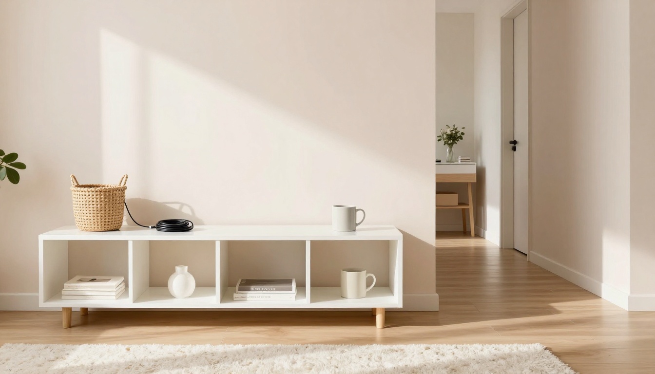 White shelving unit with books, a vase, and a mug on top. A woven basket and coiled cable are also placed on it. A hallway with a table and vase of flowers is visible in the background. Light wood flooring and a white rug are in the foreground.