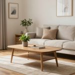 A cozy living room with a beige sofa adorned with cushions, a wooden coffee table with a potted plant and book, and neutral wall art. Light streams through sheer curtains, illuminating the wooden floor and rug.