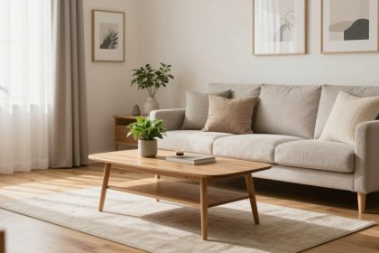 A cozy living room with a beige sofa adorned with cushions, a wooden coffee table with a potted plant and book, and neutral wall art. Light streams through sheer curtains, illuminating the wooden floor and rug.