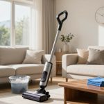 A cordless vacuum stands in a bright living room with beige sofas. A wooden coffee table holds folded blue towels. A potted plant and wall clock are visible.