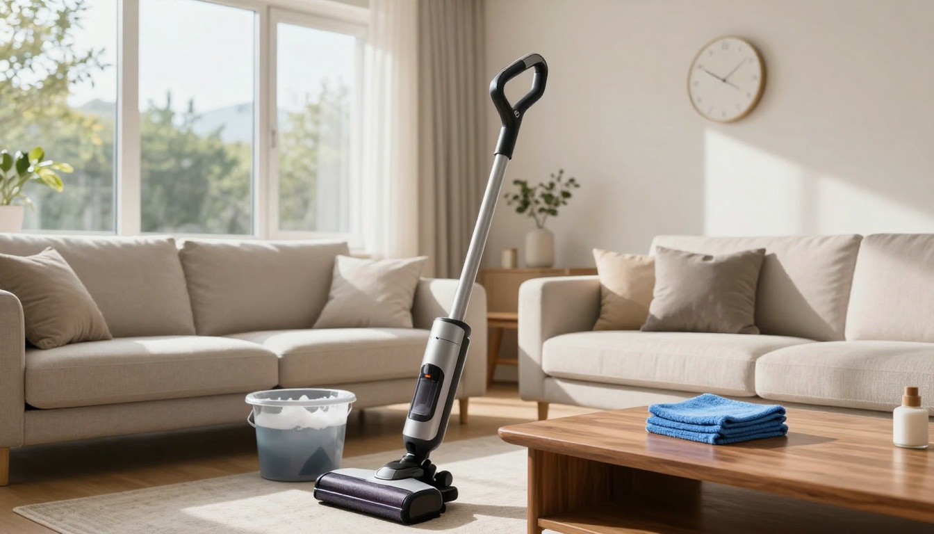 A cordless vacuum stands in a bright living room with beige sofas. A wooden coffee table holds folded blue towels. A potted plant and wall clock are visible.