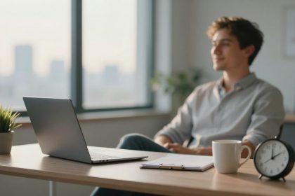 A person sits at a desk with a laptop, notebook, and a white mug. A small clock and two potted plants are also on the desk. The background shows a large window with a blurred cityscape.