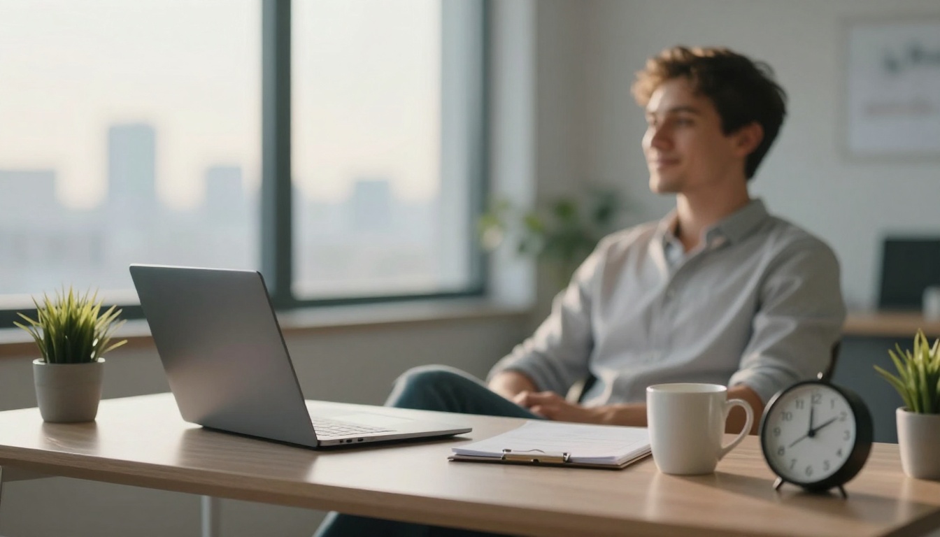 A person sits at a desk with a laptop, notebook, and a white mug. A small clock and two potted plants are also on the desk. The background shows a large window with a blurred cityscape.