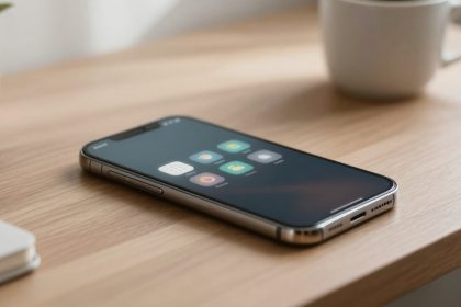 A smartphone lies on a wooden table displaying app icons. A potted plant and a white mug are in the blurred background.