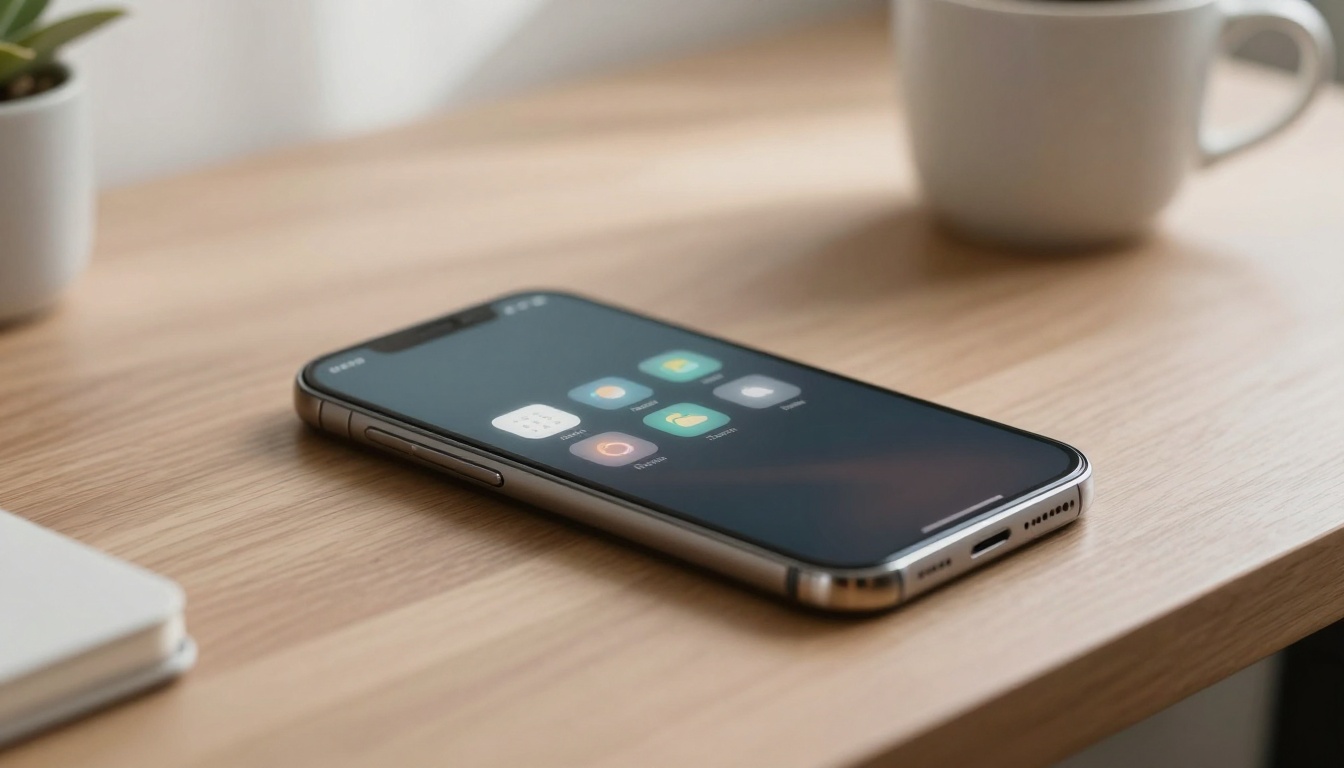 A smartphone lies on a wooden table displaying app icons. A potted plant and a white mug are in the blurred background.