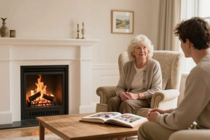 An elderly woman and a young man sit in a cozy living room by a lit fireplace. A photo album is open on a wooden coffee table, and a window with curtains is in the background. The room is warmly lit, with neutral tones.