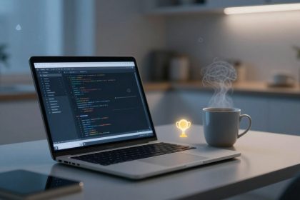 A laptop displaying code sits on a table beside a steaming mug and glowing trophy icon. The background is a softly lit kitchen.