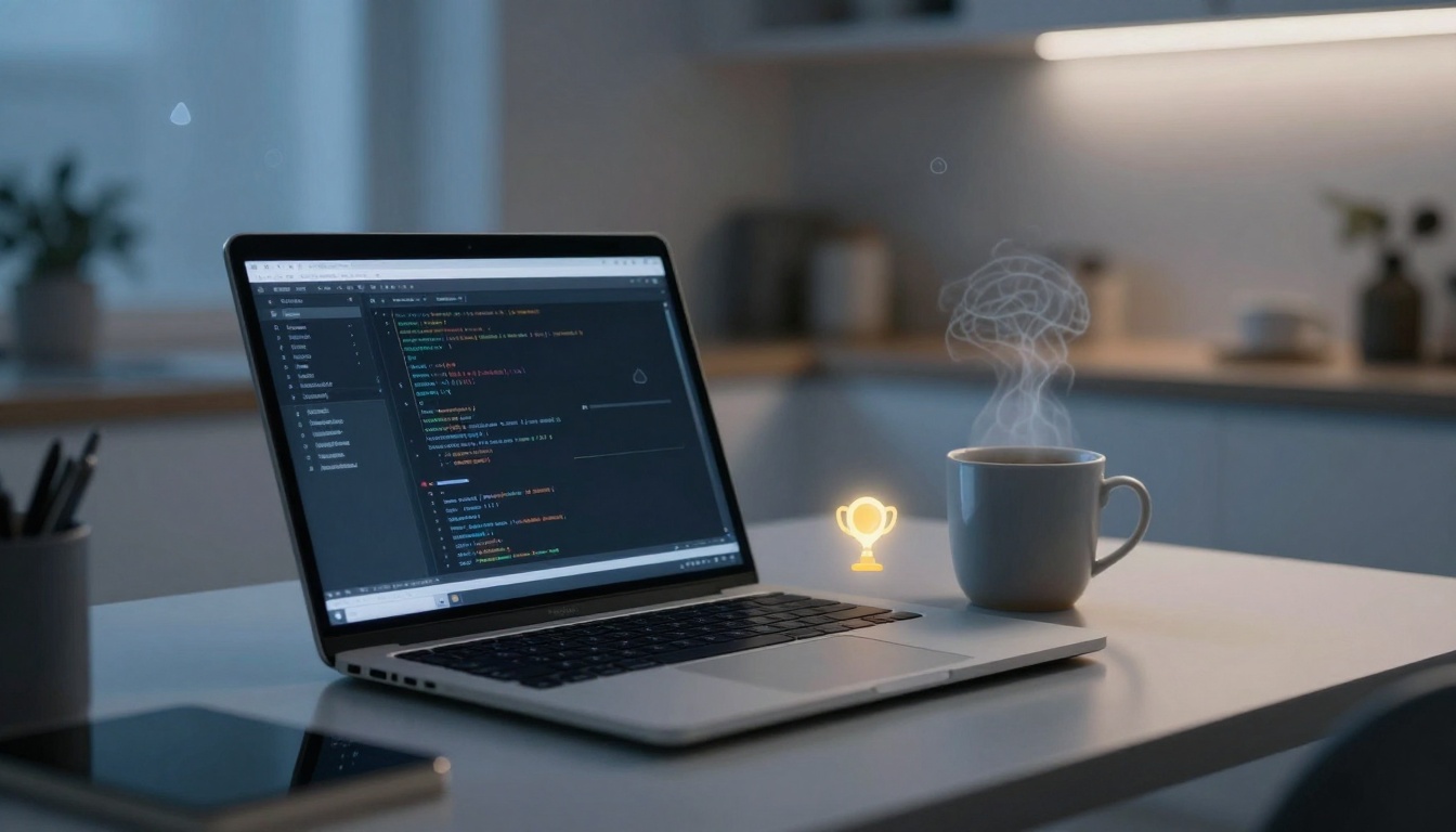A laptop displaying code sits on a table beside a steaming mug and glowing trophy icon. The background is a softly lit kitchen.