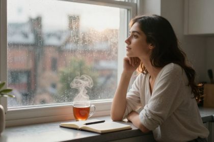 A woman in a white shirt gazes out a rain-speckled window, with a steaming mug of tea and an open notebook on the table beside her.
