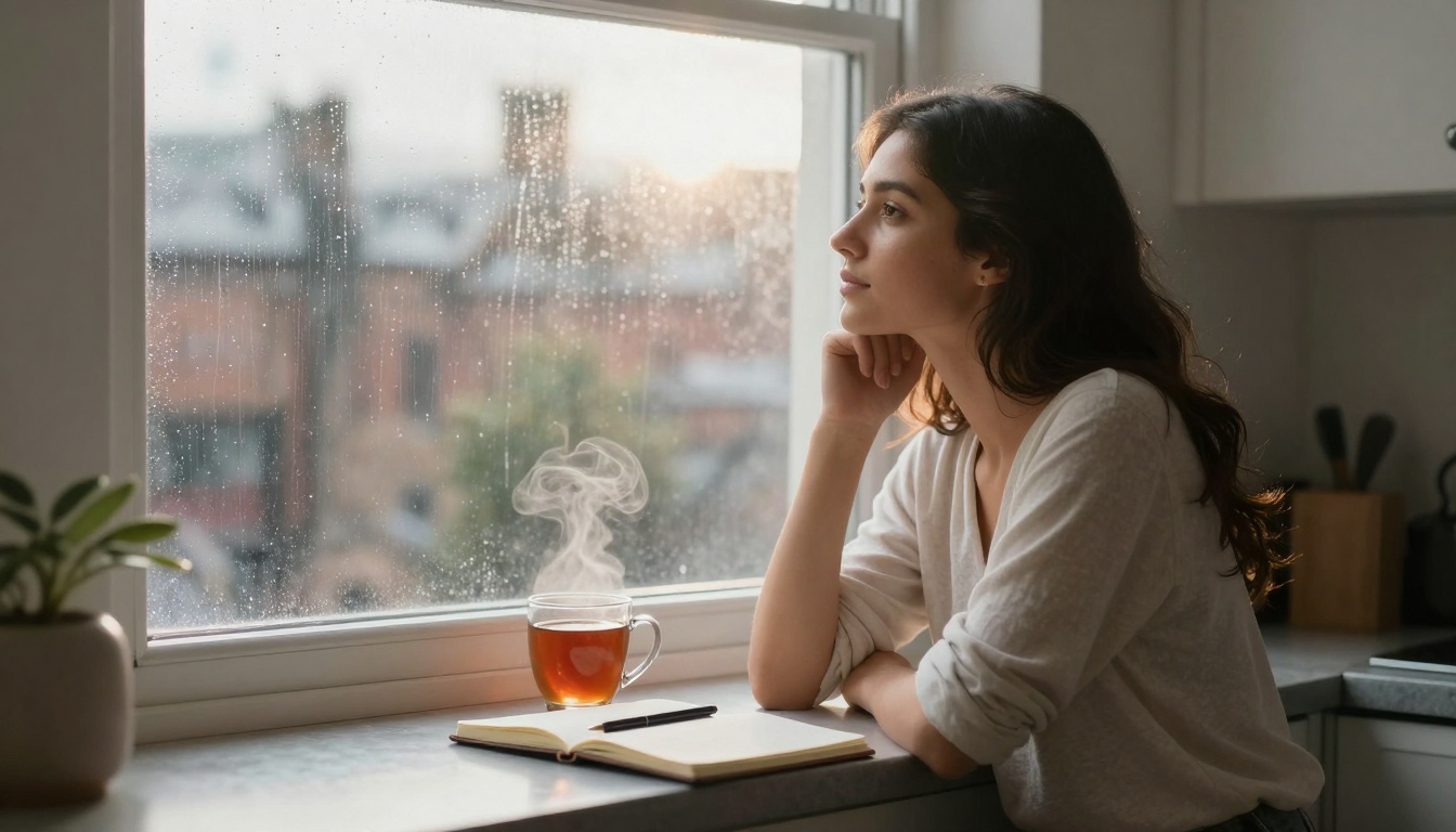 A woman in a white shirt gazes out a rain-speckled window, with a steaming mug of tea and an open notebook on the table beside her.