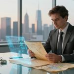 A man in a suit sits at a glass desk in a modern office with city views. He is reading a paper document while a digital screen with graphs is projected nearby. A compass lies on the desk.