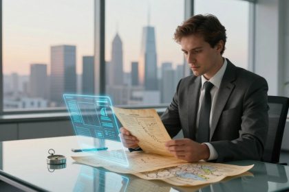 A man in a suit sits at a glass desk in a modern office with city views. He is reading a paper document while a digital screen with graphs is projected nearby. A compass lies on the desk.