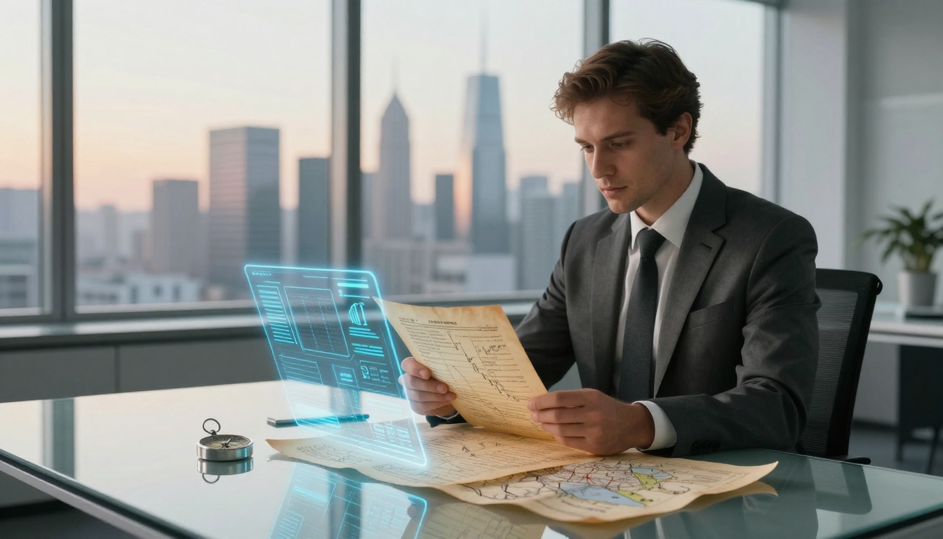 A man in a suit sits at a glass desk in a modern office with city views. He is reading a paper document while a digital screen with graphs is projected nearby. A compass lies on the desk.