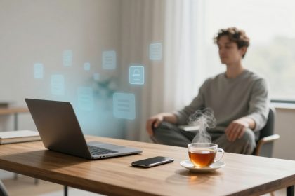 A person sits in a chair with eyes closed, next to a table with a steaming cup of tea, a laptop, and a smartphone. Digital icons float above the laptop.