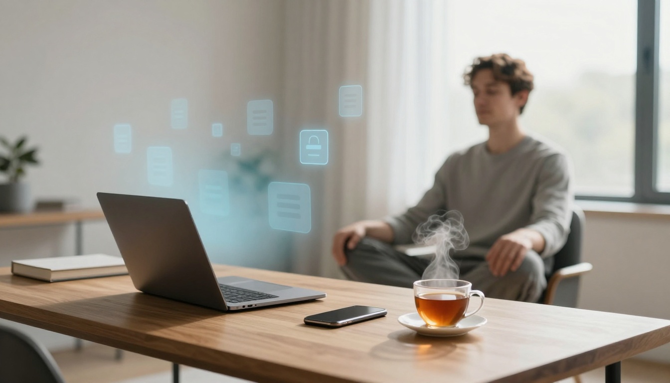 A person sits in a chair with eyes closed, next to a table with a steaming cup of tea, a laptop, and a smartphone. Digital icons float above the laptop.