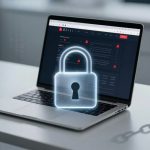 A laptop on a white desk displaying a screen with warning icons. A digital padlock graphic overlays the screen, symbolizing security.