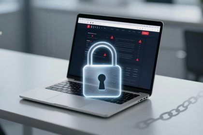 A laptop on a white desk displaying a screen with warning icons. A digital padlock graphic overlays the screen, symbolizing security.