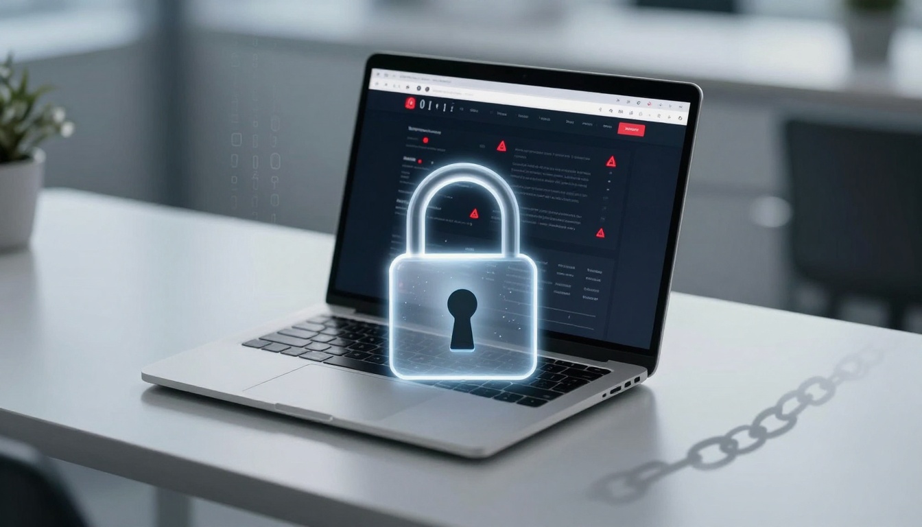 A laptop on a white desk displaying a screen with warning icons. A digital padlock graphic overlays the screen, symbolizing security.