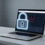 A laptop on a white desk displays a dark screen with warning icons. A glowing padlock graphic hovers above the keyboard, symbolizing security.