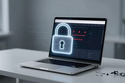 A laptop on a white desk displays a dark screen with warning icons. A glowing padlock graphic hovers above the keyboard, symbolizing security.