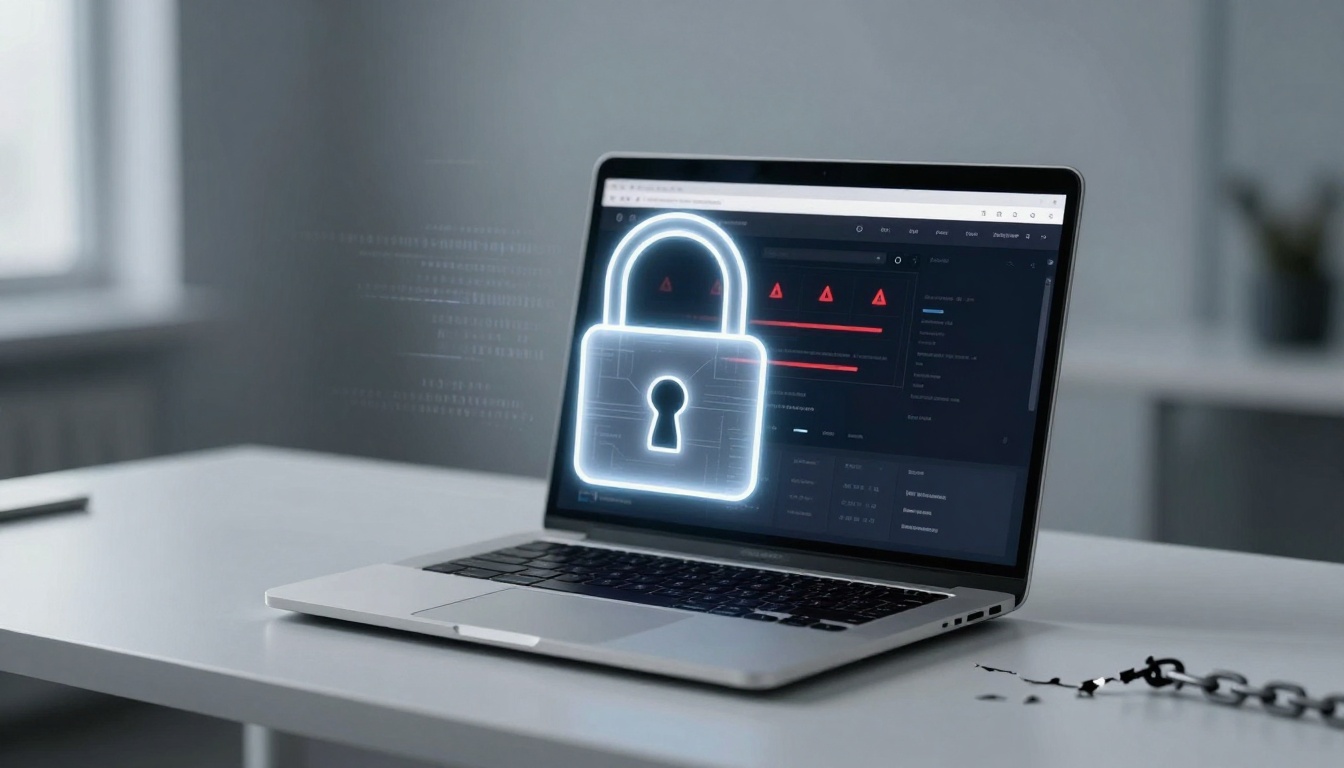 A laptop on a white desk displays a dark screen with warning icons. A glowing padlock graphic hovers above the keyboard, symbolizing security.