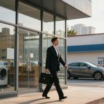 A man in a suit carries a briefcase, walking past a laundromat with large windows displaying washing machines. A parked car and urban buildings are visible in the background.