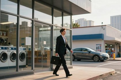 A man in a suit carries a briefcase, walking past a laundromat with large windows displaying washing machines. A parked car and urban buildings are visible in the background.