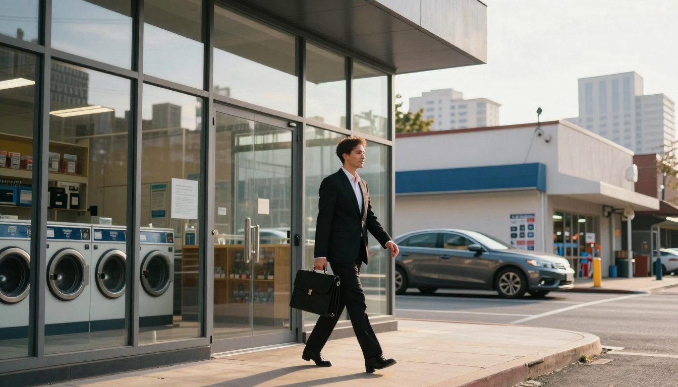 A man in a suit carries a briefcase, walking past a laundromat with large windows displaying washing machines. A parked car and urban buildings are visible in the background.