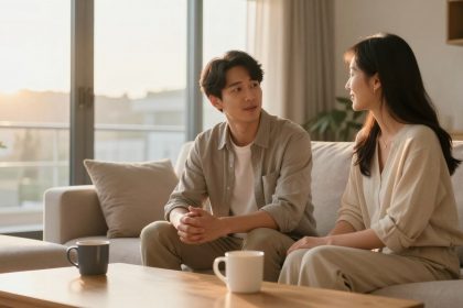 A man and woman sit on a beige sofa, engaged in conversation. A coffee table with mugs is in the foreground. Sunlight filters through large windows, illuminating the room.