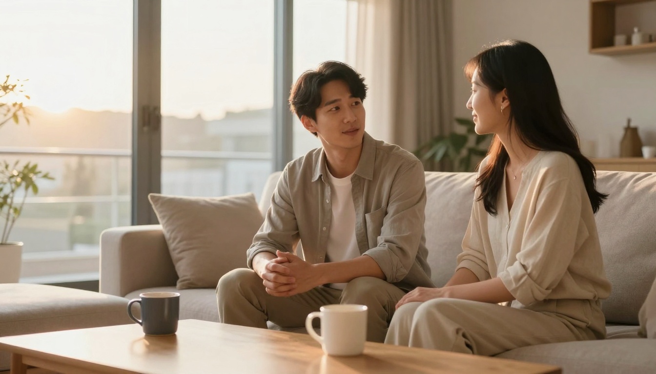 A man and woman sit on a beige sofa, engaged in conversation. A coffee table with mugs is in the foreground. Sunlight filters through large windows, illuminating the room.