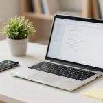 A laptop displaying a document is on a white desk, accompanied by a smartphone, a potted plant, sticky notes, and a cup of coffee.