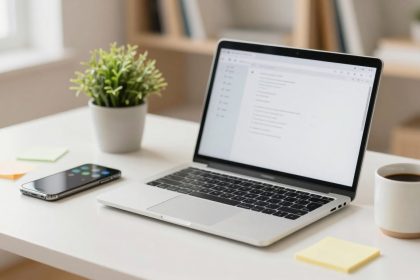 A laptop displaying a document is on a white desk, accompanied by a smartphone, a potted plant, sticky notes, and a cup of coffee.