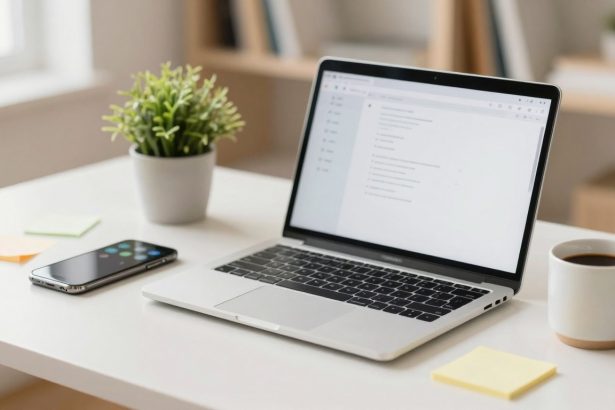 A laptop displaying a document is on a white desk, accompanied by a smartphone, a potted plant, sticky notes, and a cup of coffee.