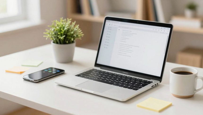 A laptop displaying a document is on a white desk, accompanied by a smartphone, a potted plant, sticky notes, and a cup of coffee.