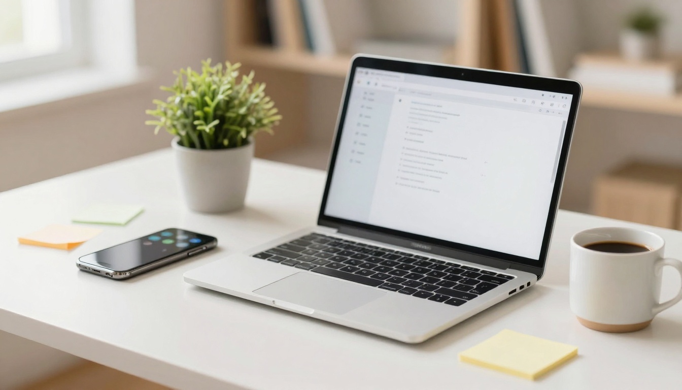 A laptop displaying a document is on a white desk, accompanied by a smartphone, a potted plant, sticky notes, and a cup of coffee.