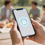 Hands holding a smartphone displaying a glowing lock icon, indicating security. In the blurred background, a family sits on a picnic blanket outdoors.