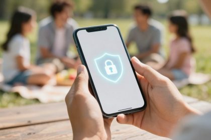 Hands holding a smartphone displaying a glowing lock icon, indicating security. In the blurred background, a family sits on a picnic blanket outdoors.