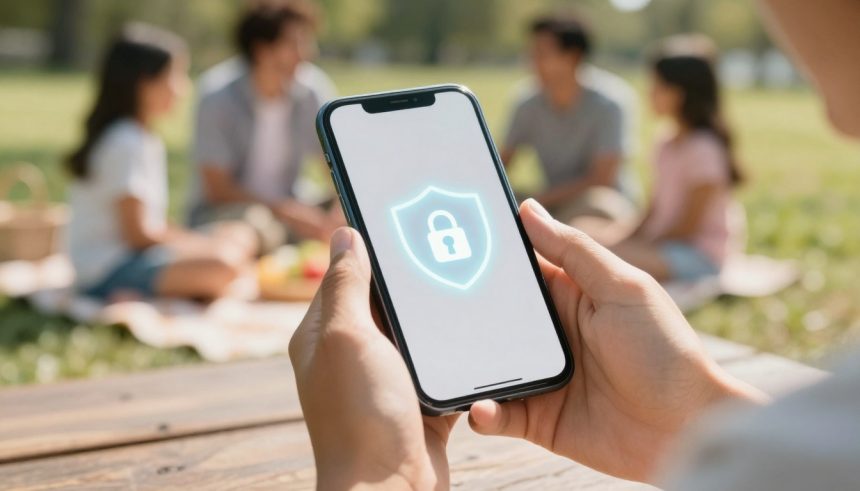 Hands holding a smartphone displaying a glowing lock icon, indicating security. In the blurred background, a family sits on a picnic blanket outdoors.