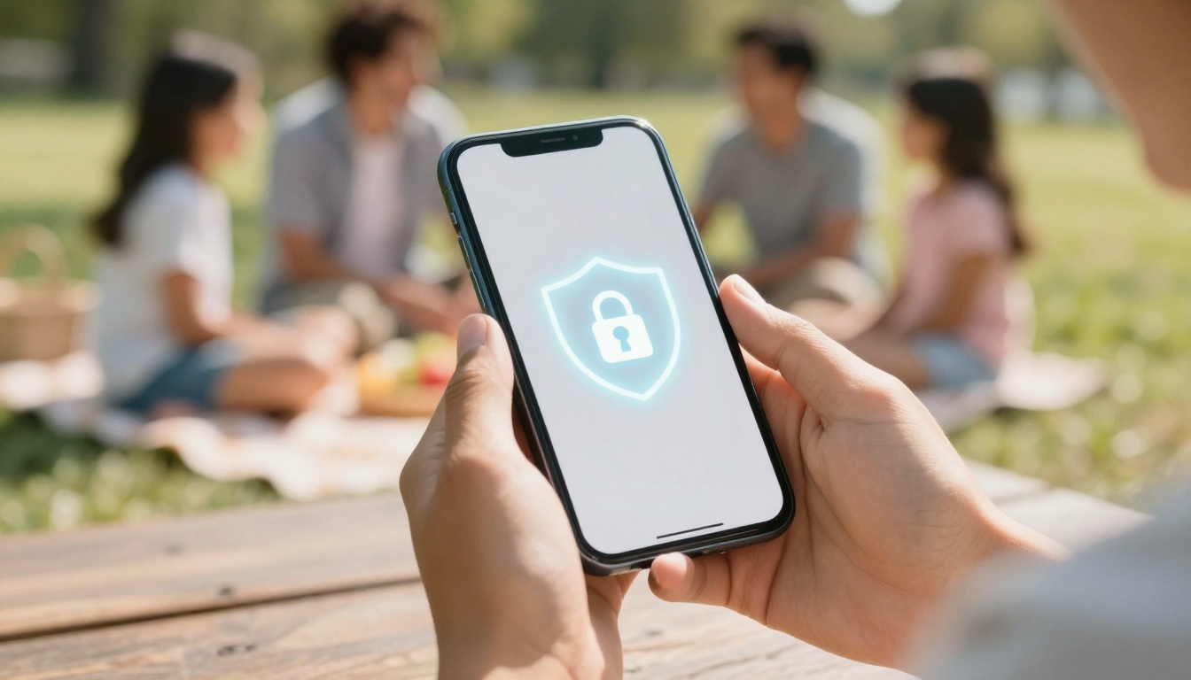 Hands holding a smartphone displaying a glowing lock icon, indicating security. In the blurred background, a family sits on a picnic blanket outdoors.