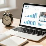 A laptop displaying SEO analytics with bar graphs on a desk. An analog clock, open notebook with checklist, and coffee cup are nearby.