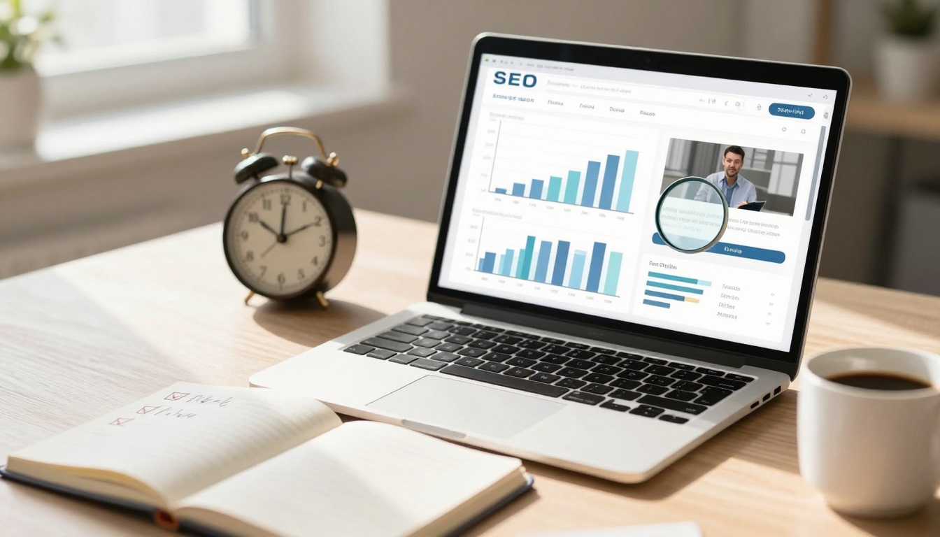 A laptop displaying SEO analytics with bar graphs on a desk. An analog clock, open notebook with checklist, and coffee cup are nearby.