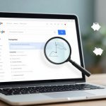 A laptop displays a Google search page with a magnifying glass enlarging a line graph. Icons of a piggy bank and shopping cart float nearby. A white mug sits beside the laptop.