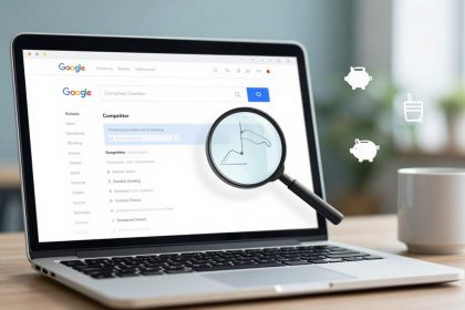 A laptop displays a Google search page with a magnifying glass enlarging a line graph. Icons of a piggy bank and shopping cart float nearby. A white mug sits beside the laptop.