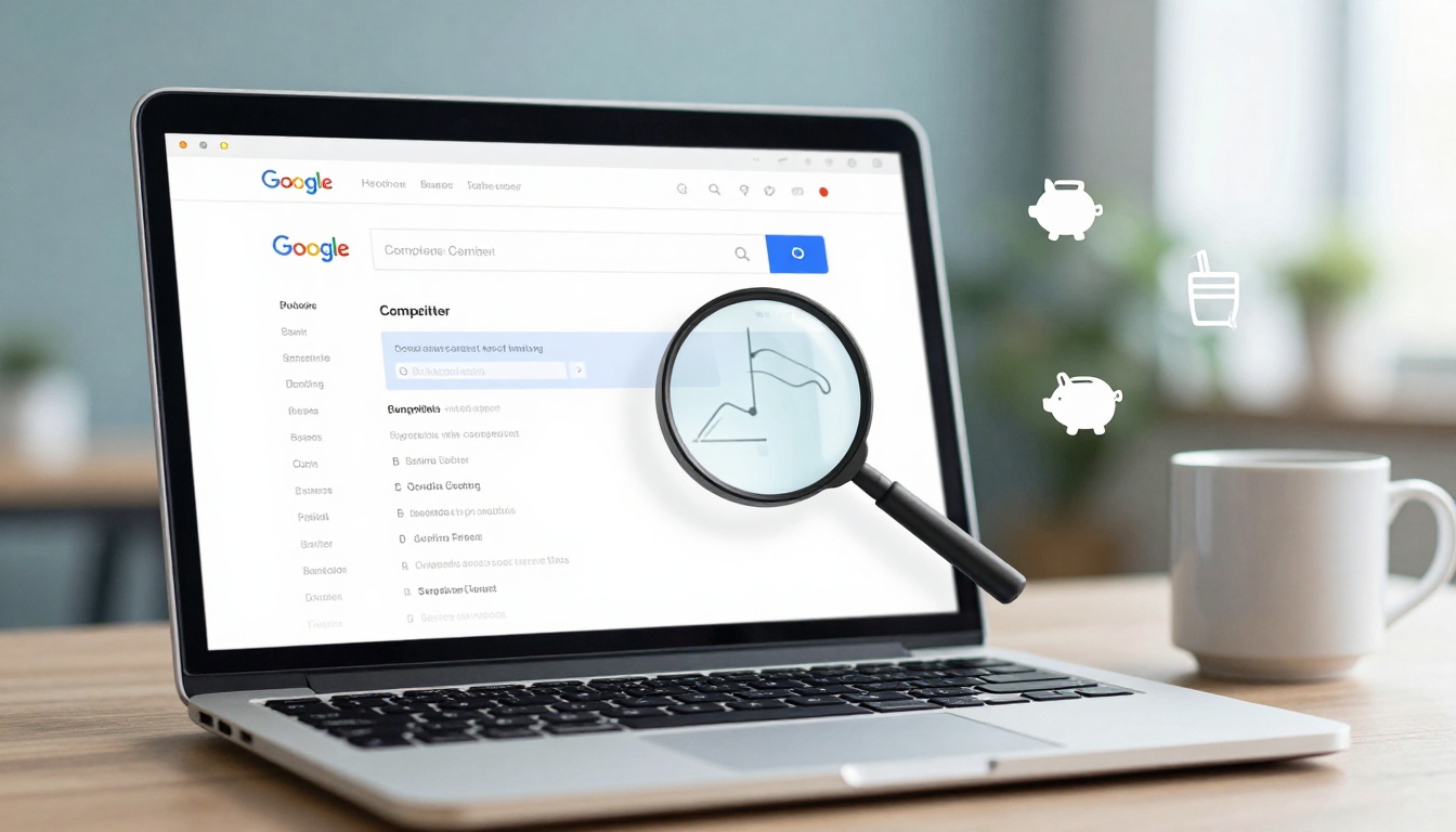 A laptop displays a Google search page with a magnifying glass enlarging a line graph. Icons of a piggy bank and shopping cart float nearby. A white mug sits beside the laptop.