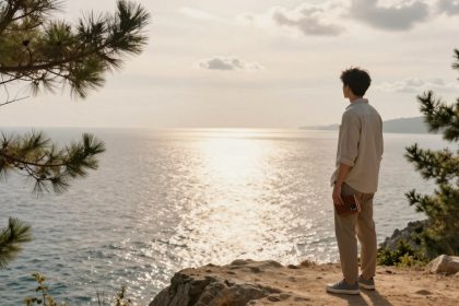 A person stands on a rocky cliff holding a book, gazing at the sunlit ocean. Pine trees frame the scene under a partly cloudy sky.